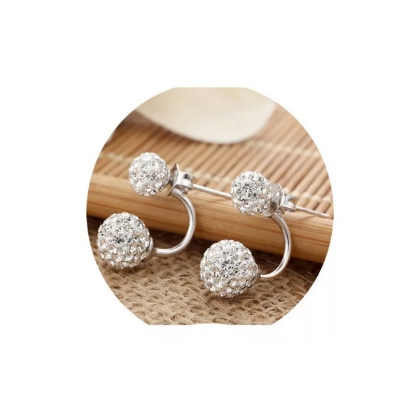 Silver Double Beaded Rhinestone Crystal Earrings - Picture 3 of 4